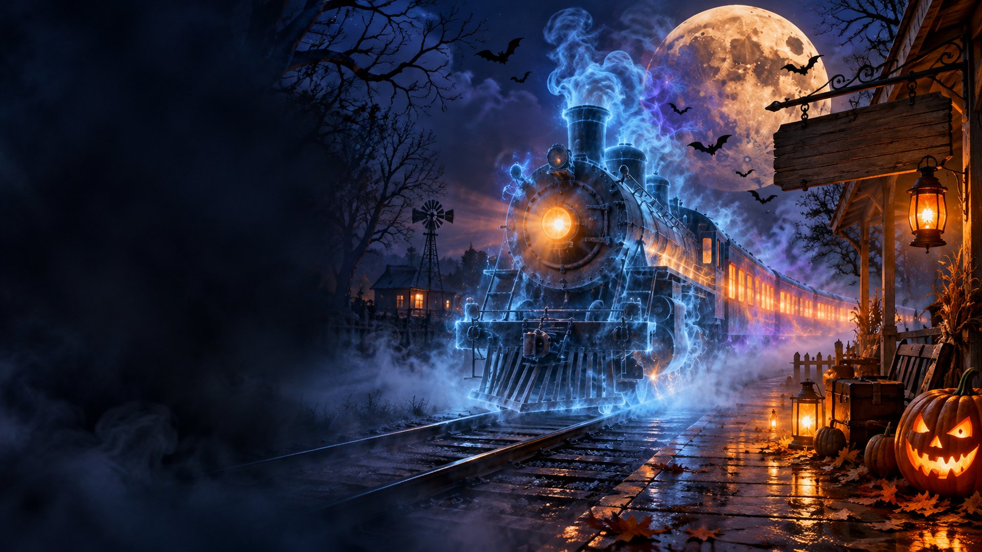 Un vecchio treno a vapore fermo di notte in una stazione avvolta dalla nebbia, con zucche illuminate sulla banchina